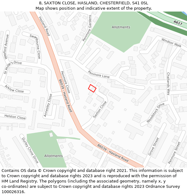 8, SAXTON CLOSE, HASLAND, CHESTERFIELD, S41 0SL: Location map and indicative extent of plot