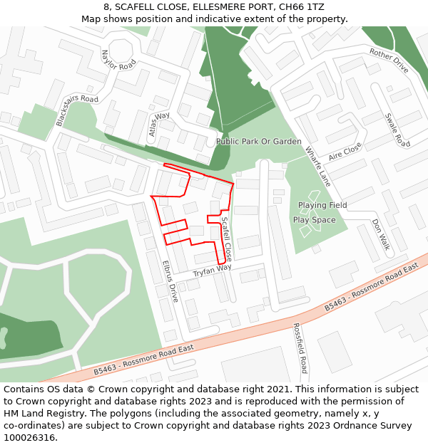 8, SCAFELL CLOSE, ELLESMERE PORT, CH66 1TZ: Location map and indicative extent of plot