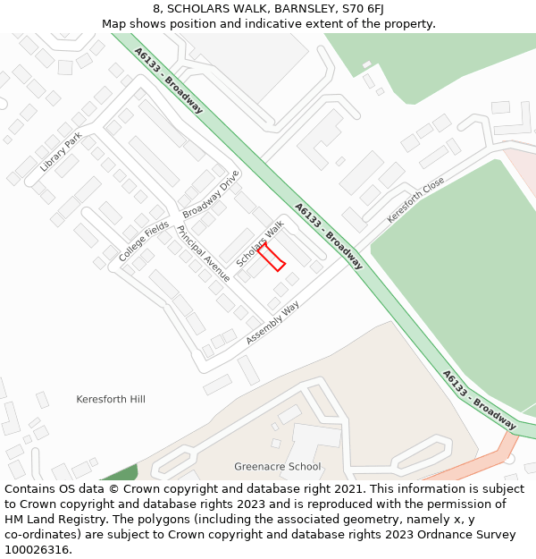 8, SCHOLARS WALK, BARNSLEY, S70 6FJ: Location map and indicative extent of plot