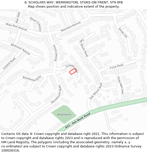 8, SCHOLARS WAY, WERRINGTON, STOKE-ON-TRENT, ST9 0FB: Location map and indicative extent of plot