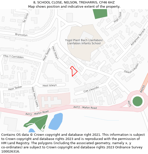 8, SCHOOL CLOSE, NELSON, TREHARRIS, CF46 6HZ: Location map and indicative extent of plot