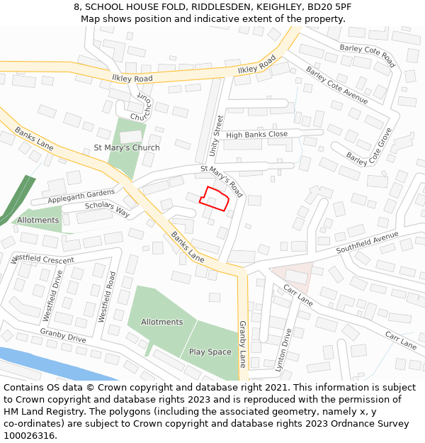 8, SCHOOL HOUSE FOLD, RIDDLESDEN, KEIGHLEY, BD20 5PF: Location map and indicative extent of plot