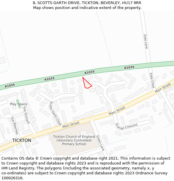 8, SCOTTS GARTH DRIVE, TICKTON, BEVERLEY, HU17 9RR: Location map and indicative extent of plot