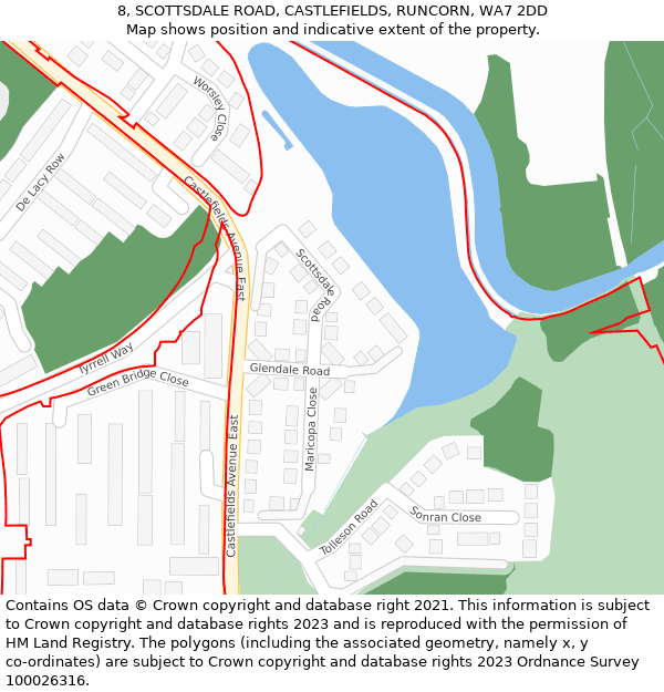 8, SCOTTSDALE ROAD, CASTLEFIELDS, RUNCORN, WA7 2DD: Location map and indicative extent of plot