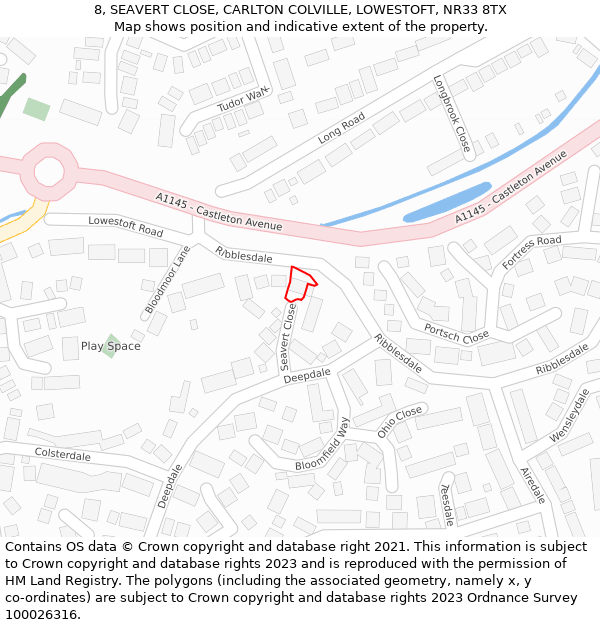 8, SEAVERT CLOSE, CARLTON COLVILLE, LOWESTOFT, NR33 8TX: Location map and indicative extent of plot