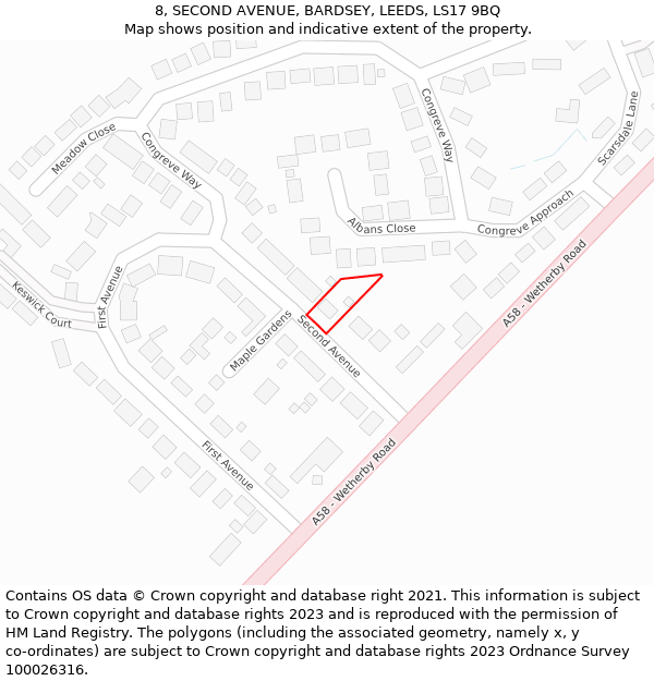8, SECOND AVENUE, BARDSEY, LEEDS, LS17 9BQ: Location map and indicative extent of plot