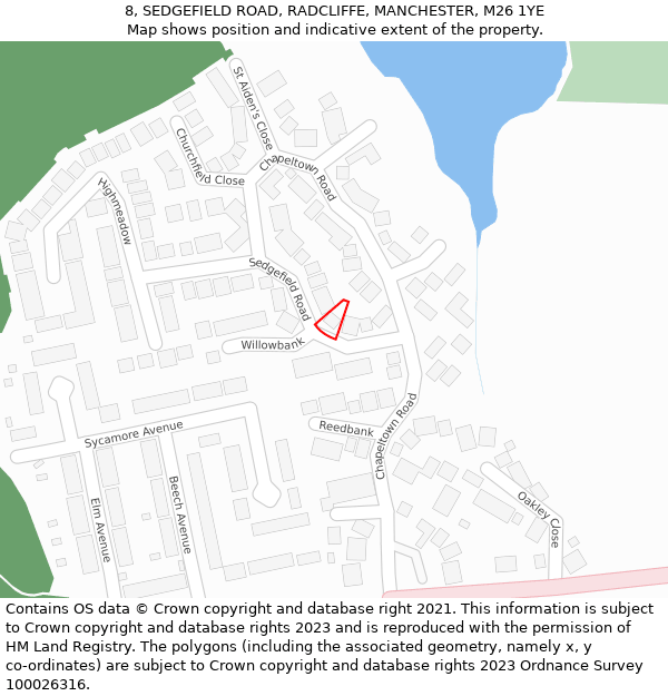 8, SEDGEFIELD ROAD, RADCLIFFE, MANCHESTER, M26 1YE: Location map and indicative extent of plot