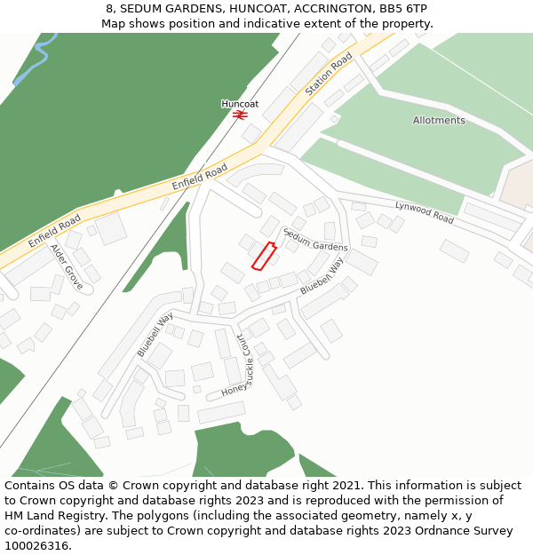 8, SEDUM GARDENS, HUNCOAT, ACCRINGTON, BB5 6TP: Location map and indicative extent of plot