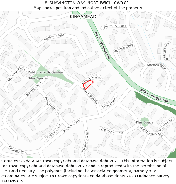 8, SHAVINGTON WAY, NORTHWICH, CW9 8FH: Location map and indicative extent of plot