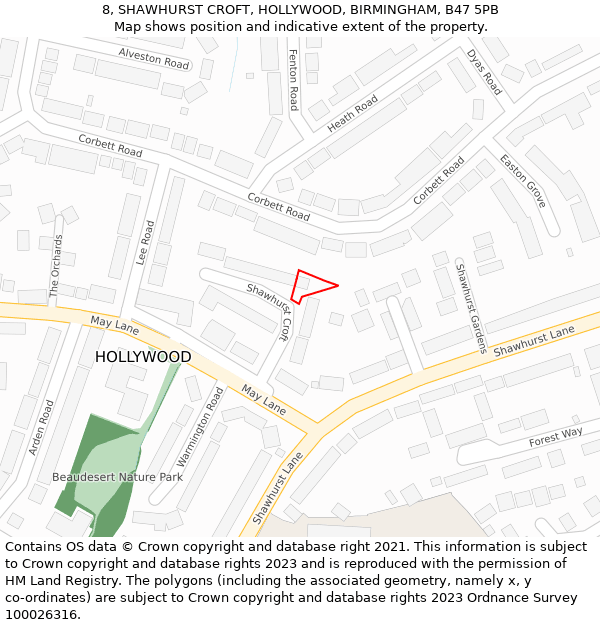 8, SHAWHURST CROFT, HOLLYWOOD, BIRMINGHAM, B47 5PB: Location map and indicative extent of plot