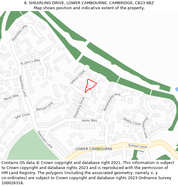 8, SHEARLING DRIVE, LOWER CAMBOURNE, CAMBRIDGE, CB23 6BZ: Location map and indicative extent of plot