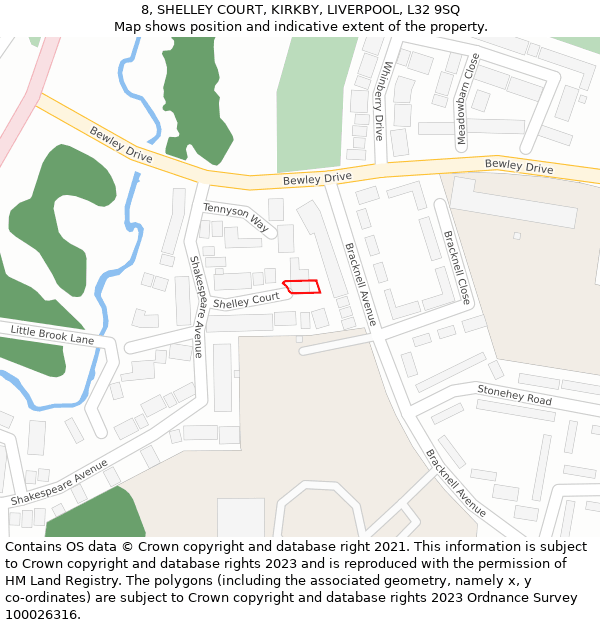 8, SHELLEY COURT, KIRKBY, LIVERPOOL, L32 9SQ: Location map and indicative extent of plot