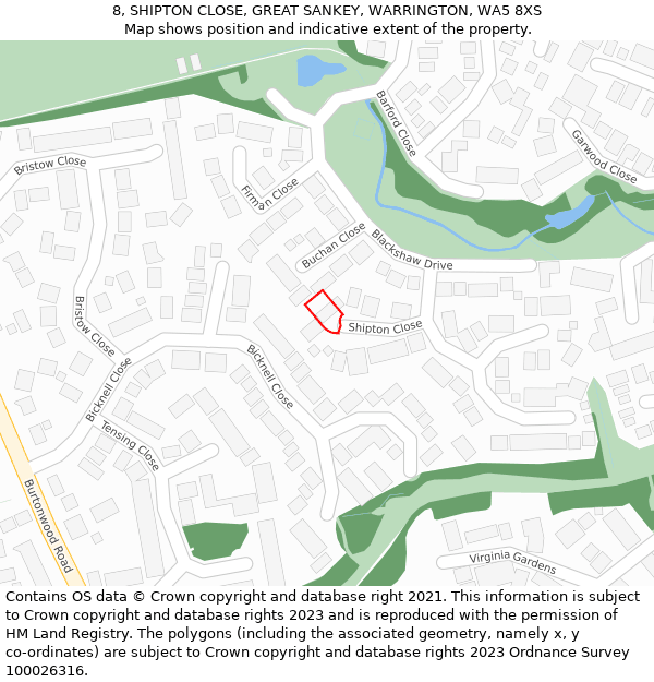 8, SHIPTON CLOSE, GREAT SANKEY, WARRINGTON, WA5 8XS: Location map and indicative extent of plot