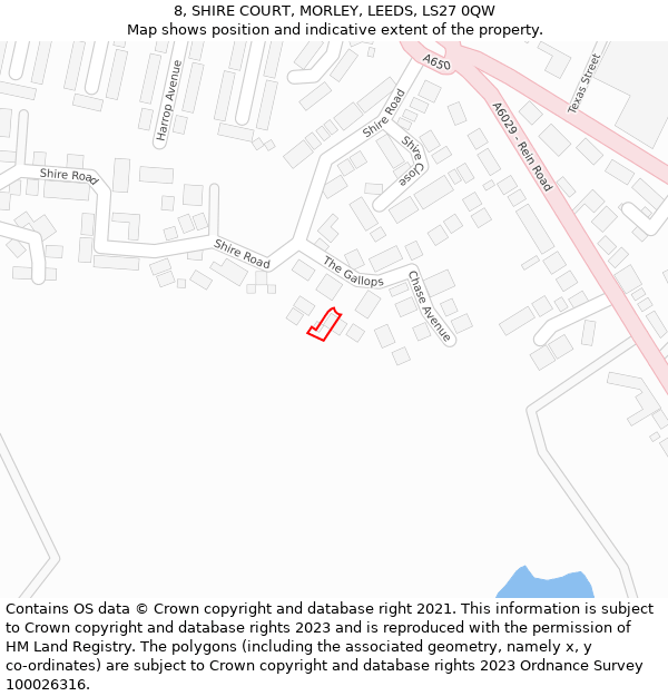 8, SHIRE COURT, MORLEY, LEEDS, LS27 0QW: Location map and indicative extent of plot