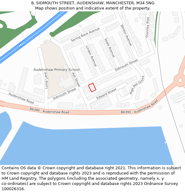 8, SIDMOUTH STREET, AUDENSHAW, MANCHESTER, M34 5NG: Location map and indicative extent of plot