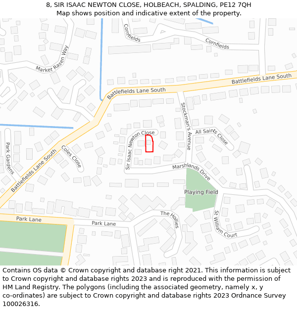 8, SIR ISAAC NEWTON CLOSE, HOLBEACH, SPALDING, PE12 7QH: Location map and indicative extent of plot