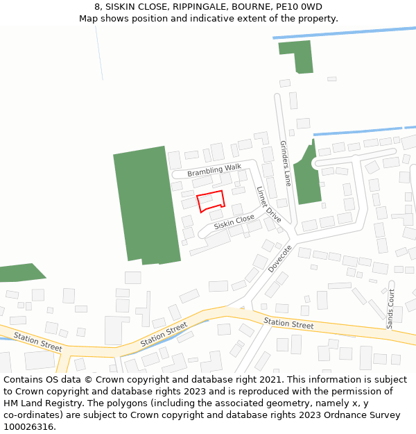 8, SISKIN CLOSE, RIPPINGALE, BOURNE, PE10 0WD: Location map and indicative extent of plot