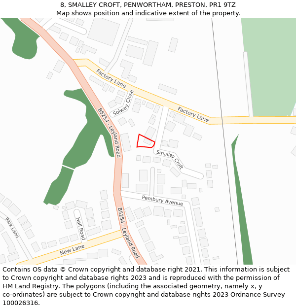 8, SMALLEY CROFT, PENWORTHAM, PRESTON, PR1 9TZ: Location map and indicative extent of plot