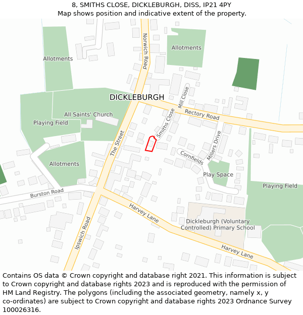 8, SMITHS CLOSE, DICKLEBURGH, DISS, IP21 4PY: Location map and indicative extent of plot