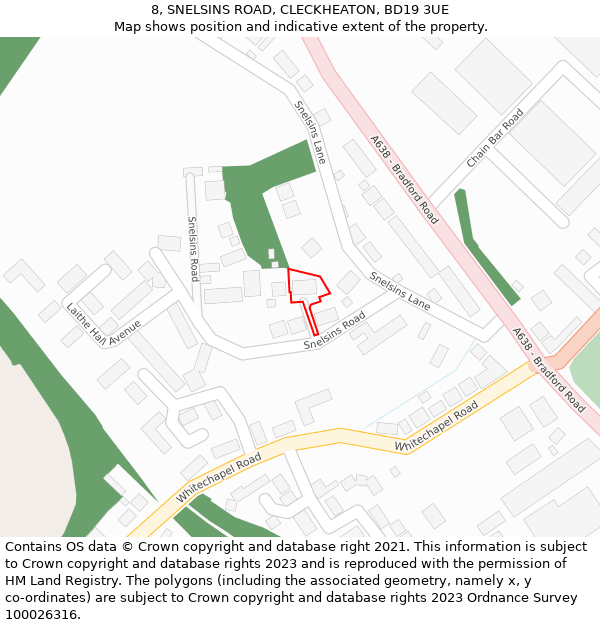 8, SNELSINS ROAD, CLECKHEATON, BD19 3UE: Location map and indicative extent of plot