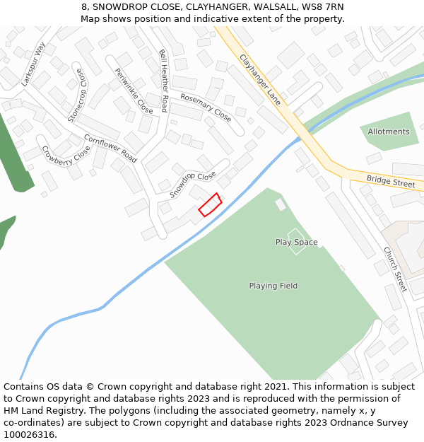 8, SNOWDROP CLOSE, CLAYHANGER, WALSALL, WS8 7RN: Location map and indicative extent of plot