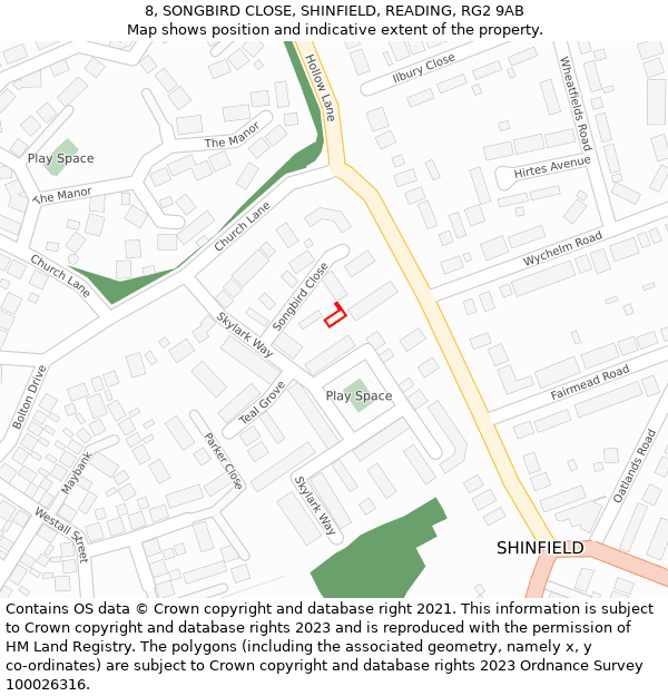 8, SONGBIRD CLOSE, SHINFIELD, READING, RG2 9AB: Location map and indicative extent of plot