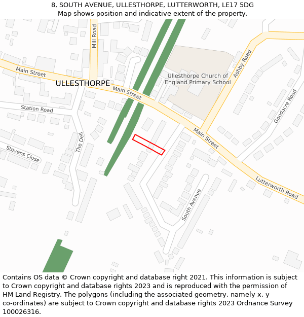 8, SOUTH AVENUE, ULLESTHORPE, LUTTERWORTH, LE17 5DG: Location map and indicative extent of plot