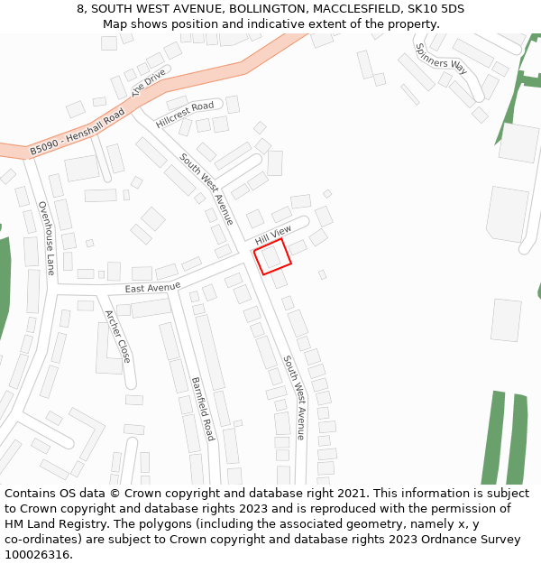 8, SOUTH WEST AVENUE, BOLLINGTON, MACCLESFIELD, SK10 5DS: Location map and indicative extent of plot