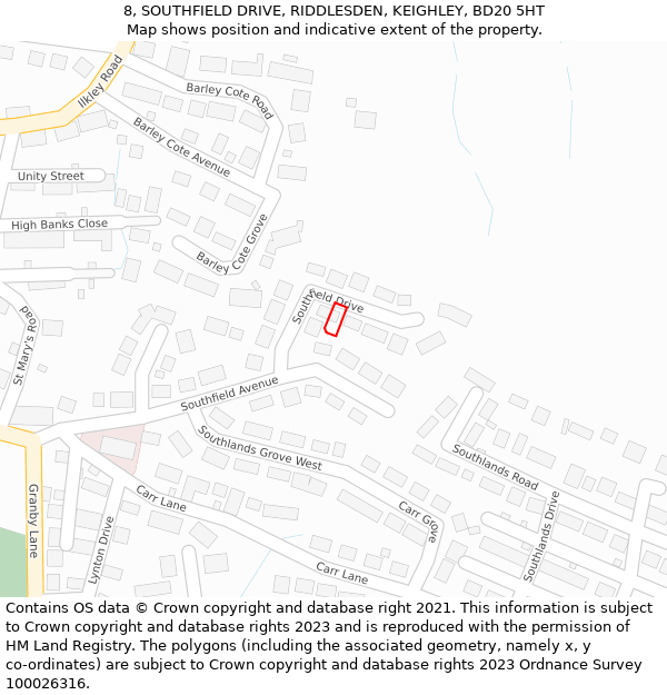 8, SOUTHFIELD DRIVE, RIDDLESDEN, KEIGHLEY, BD20 5HT: Location map and indicative extent of plot