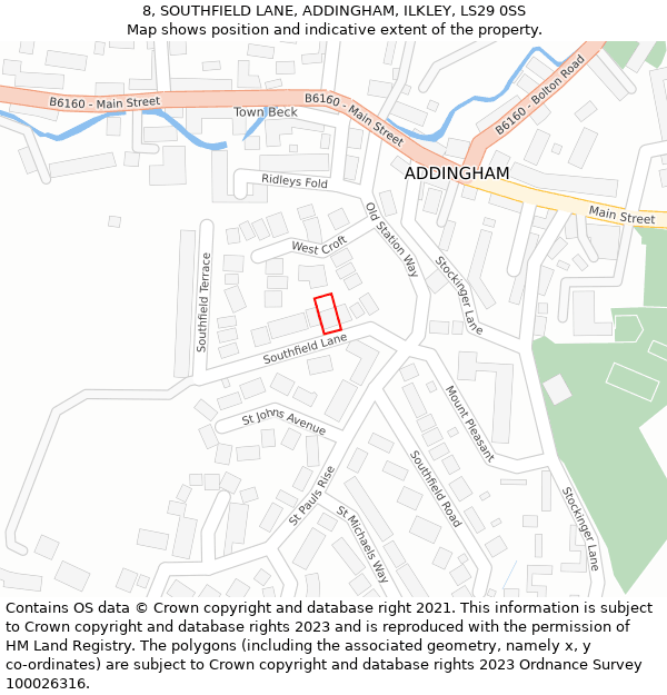 8, SOUTHFIELD LANE, ADDINGHAM, ILKLEY, LS29 0SS: Location map and indicative extent of plot