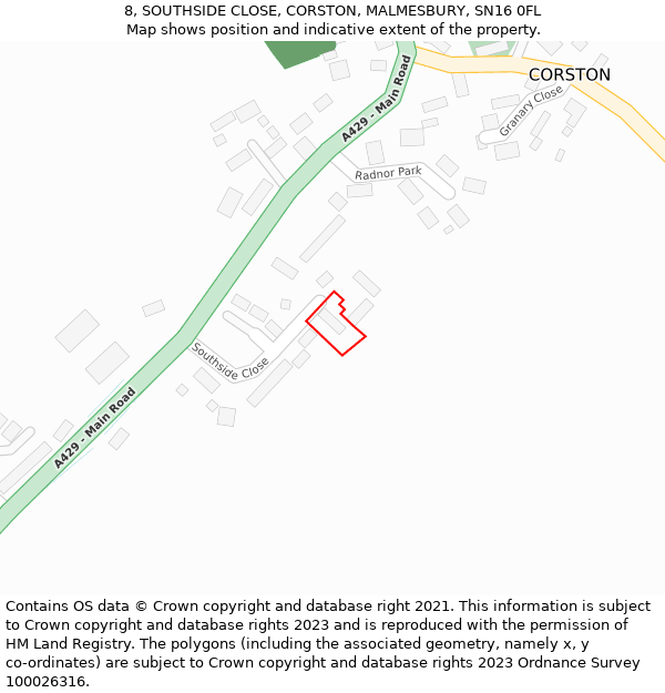 8, SOUTHSIDE CLOSE, CORSTON, MALMESBURY, SN16 0FL: Location map and indicative extent of plot