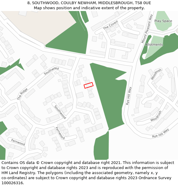 8, SOUTHWOOD, COULBY NEWHAM, MIDDLESBROUGH, TS8 0UE: Location map and indicative extent of plot