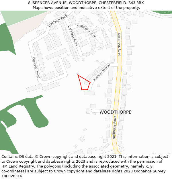 8, SPENCER AVENUE, WOODTHORPE, CHESTERFIELD, S43 3BX: Location map and indicative extent of plot
