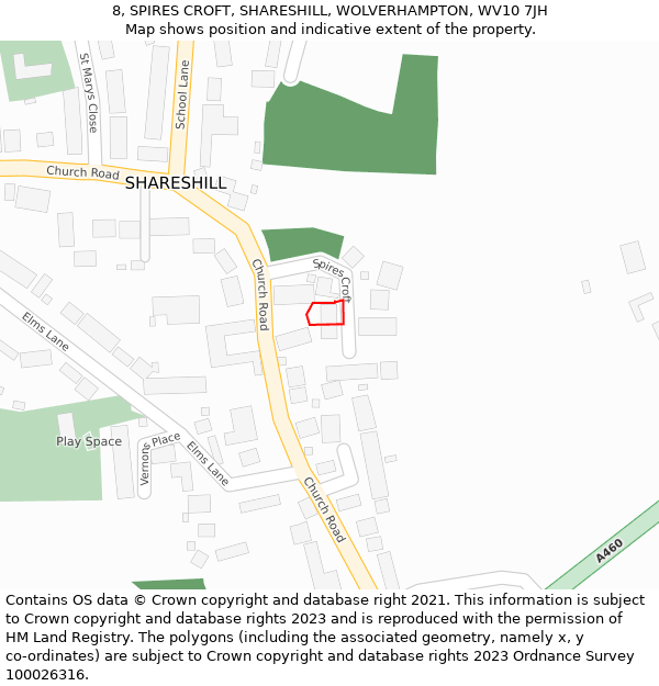 8, SPIRES CROFT, SHARESHILL, WOLVERHAMPTON, WV10 7JH: Location map and indicative extent of plot