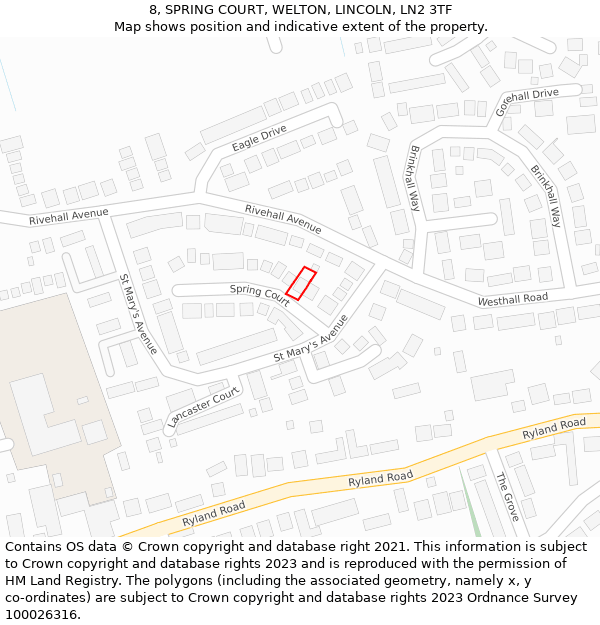 8, SPRING COURT, WELTON, LINCOLN, LN2 3TF: Location map and indicative extent of plot