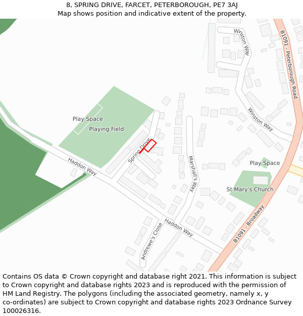 8, SPRING DRIVE, FARCET, PETERBOROUGH, PE7 3AJ: Location map and indicative extent of plot