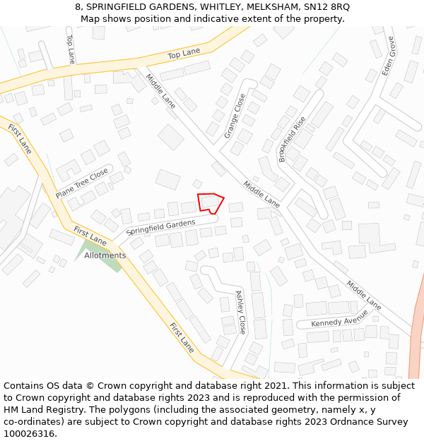 8, SPRINGFIELD GARDENS, WHITLEY, MELKSHAM, SN12 8RQ: Location map and indicative extent of plot