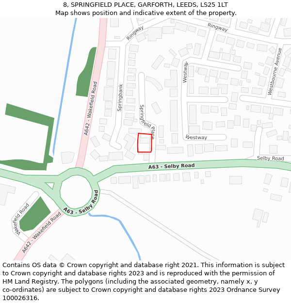 8, SPRINGFIELD PLACE, GARFORTH, LEEDS, LS25 1LT: Location map and indicative extent of plot