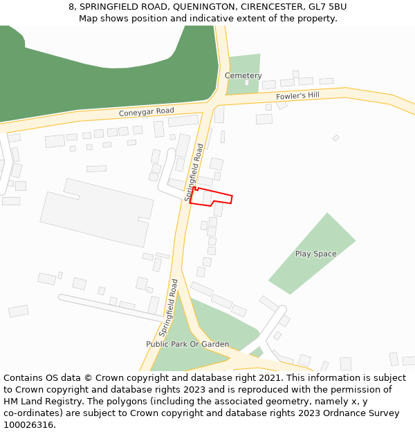 8, SPRINGFIELD ROAD, QUENINGTON, CIRENCESTER, GL7 5BU: Location map and indicative extent of plot
