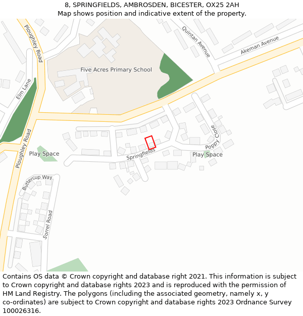 8, SPRINGFIELDS, AMBROSDEN, BICESTER, OX25 2AH: Location map and indicative extent of plot