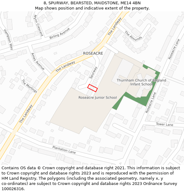 8, SPURWAY, BEARSTED, MAIDSTONE, ME14 4BN: Location map and indicative extent of plot