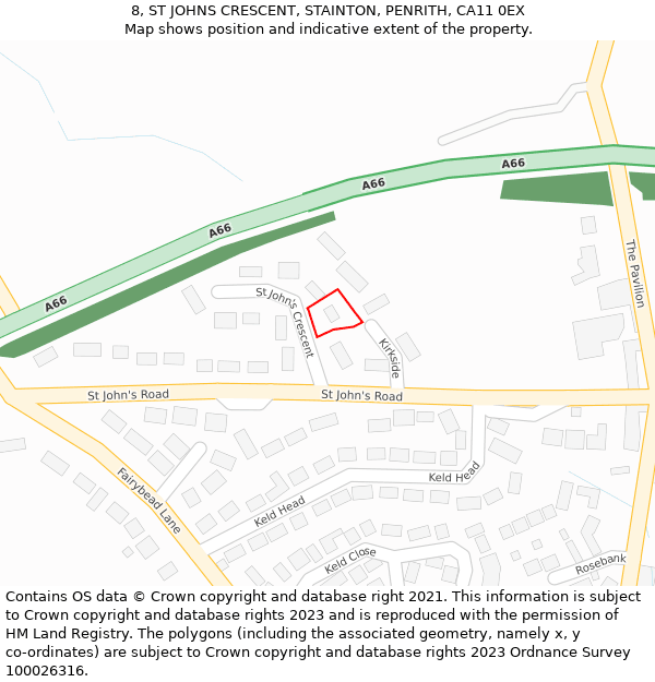 8, ST JOHNS CRESCENT, STAINTON, PENRITH, CA11 0EX: Location map and indicative extent of plot