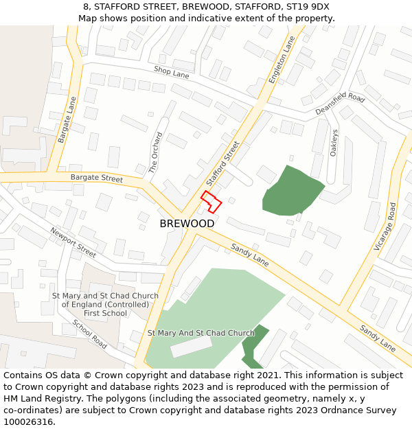 8, STAFFORD STREET, BREWOOD, STAFFORD, ST19 9DX: Location map and indicative extent of plot