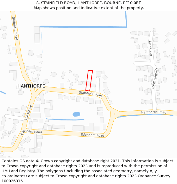 8, STAINFIELD ROAD, HANTHORPE, BOURNE, PE10 0RE: Location map and indicative extent of plot