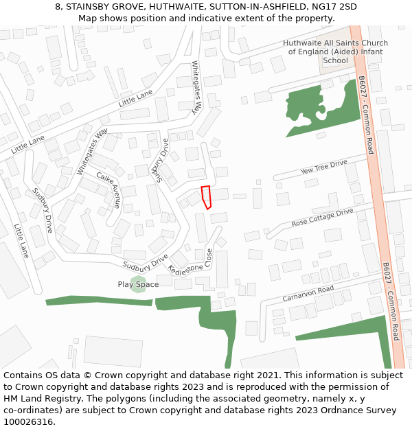 8, STAINSBY GROVE, HUTHWAITE, SUTTON-IN-ASHFIELD, NG17 2SD: Location map and indicative extent of plot