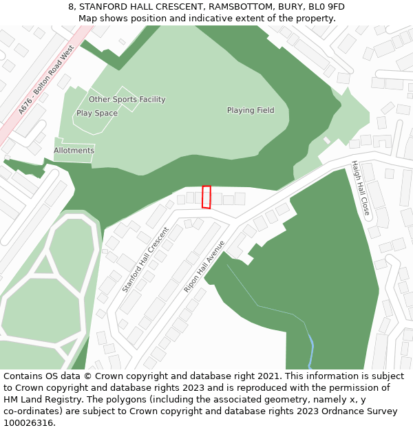 8, STANFORD HALL CRESCENT, RAMSBOTTOM, BURY, BL0 9FD: Location map and indicative extent of plot