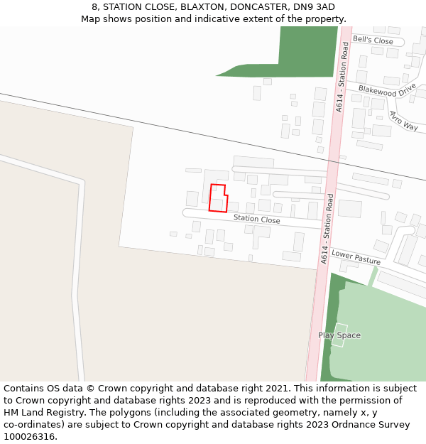 8, STATION CLOSE, BLAXTON, DONCASTER, DN9 3AD: Location map and indicative extent of plot