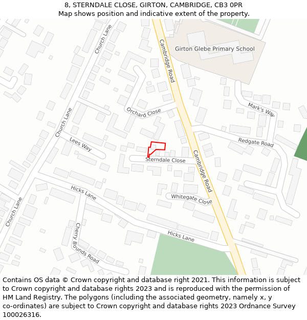 8, STERNDALE CLOSE, GIRTON, CAMBRIDGE, CB3 0PR: Location map and indicative extent of plot