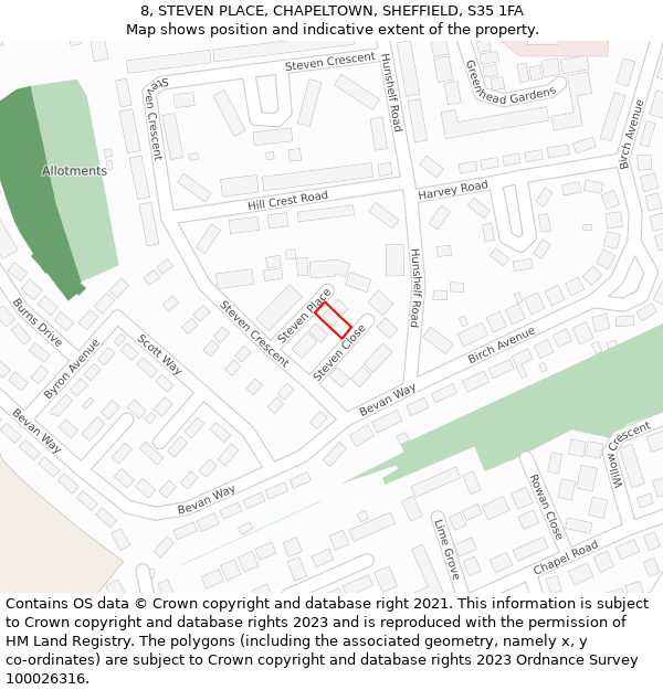 8, STEVEN PLACE, CHAPELTOWN, SHEFFIELD, S35 1FA: Location map and indicative extent of plot