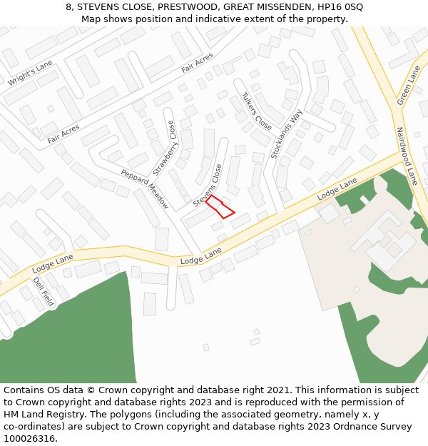 8, STEVENS CLOSE, PRESTWOOD, GREAT MISSENDEN, HP16 0SQ: Location map and indicative extent of plot